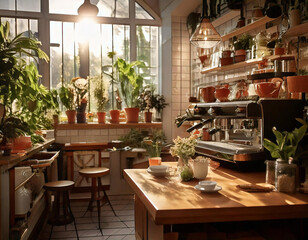 Fototapeta premium Step into a Trendy Coffee Shop Inspired by the Iconic Starbucks, Featuring Cozy Seating, Warm Lighting, and the Perfect Ambiance for Sipping Your Favorite Brew and Relaxing in Style.
