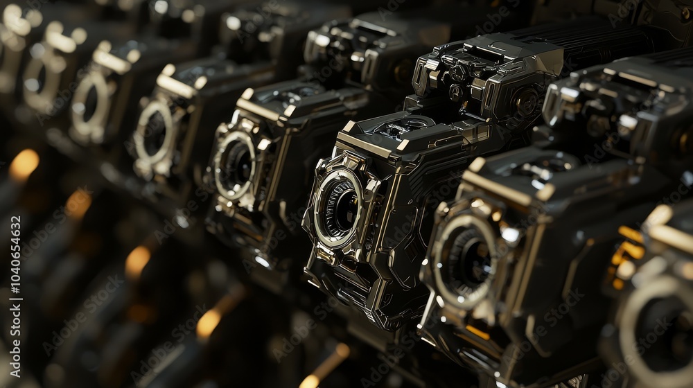 Poster row of robotic arms at work on a factory machine
