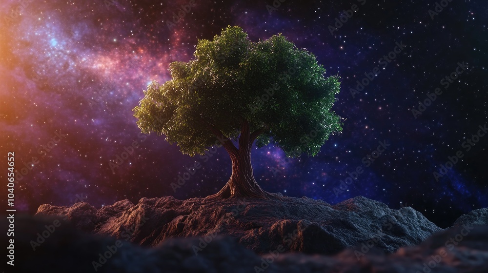 Poster a single tree with a beautiful space background depicted through 3d cartoon rendering