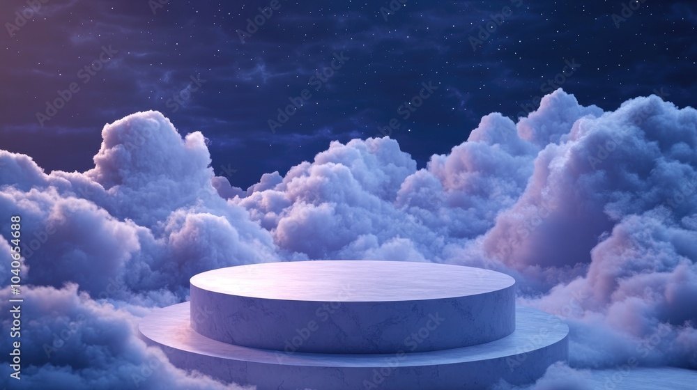 Poster 3d cartoon rendering featuring a natural podium background amidst high clouds at night designed for 