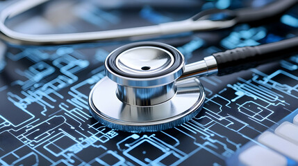 A detailed view of a stethoscope set against a backdrop of medical technology.