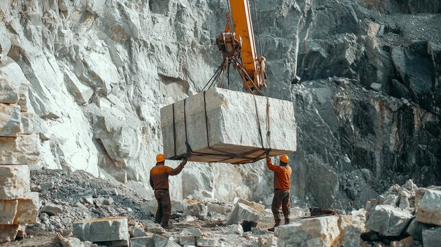 Workers transporting heavy stone slabs using cranes in a quarry