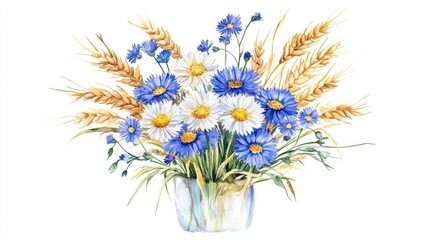 Fototapeta premium Colorful summer bouquet featuring chamomiles cornflowers and wheat ears in a vase Hand drawn watercolor illustration on white background