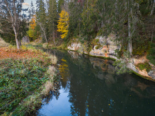 Ligatne forest river in autumn, drone view. Nature of Latvia.