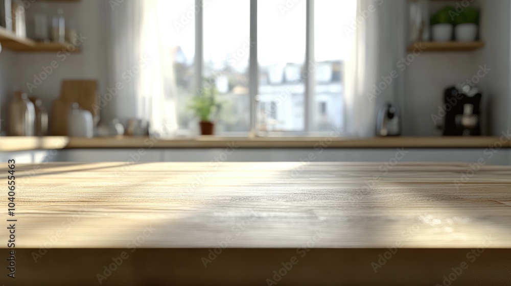 Poster 3d rendering of a kitchen table background with a wood countertop featuring a blurred white abstract