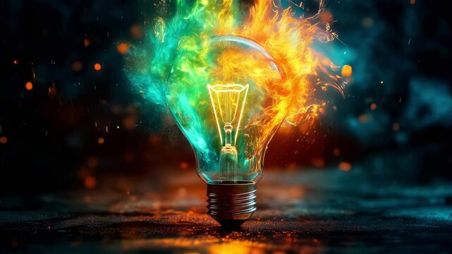 Light bulb with yellow-green smoke coming out of it. Smoke dynamically moves upward. Background is dark, saturated with flying sparks. Video, 3D render.