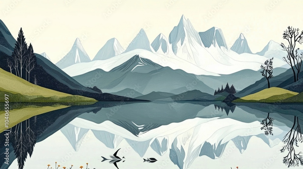 Aufkleber snow capped mountains reflected on a lake with additional peaks in the background