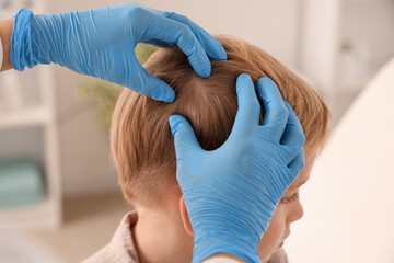 Female doctor checking little boy's head for pediculosis in clinic, closeup