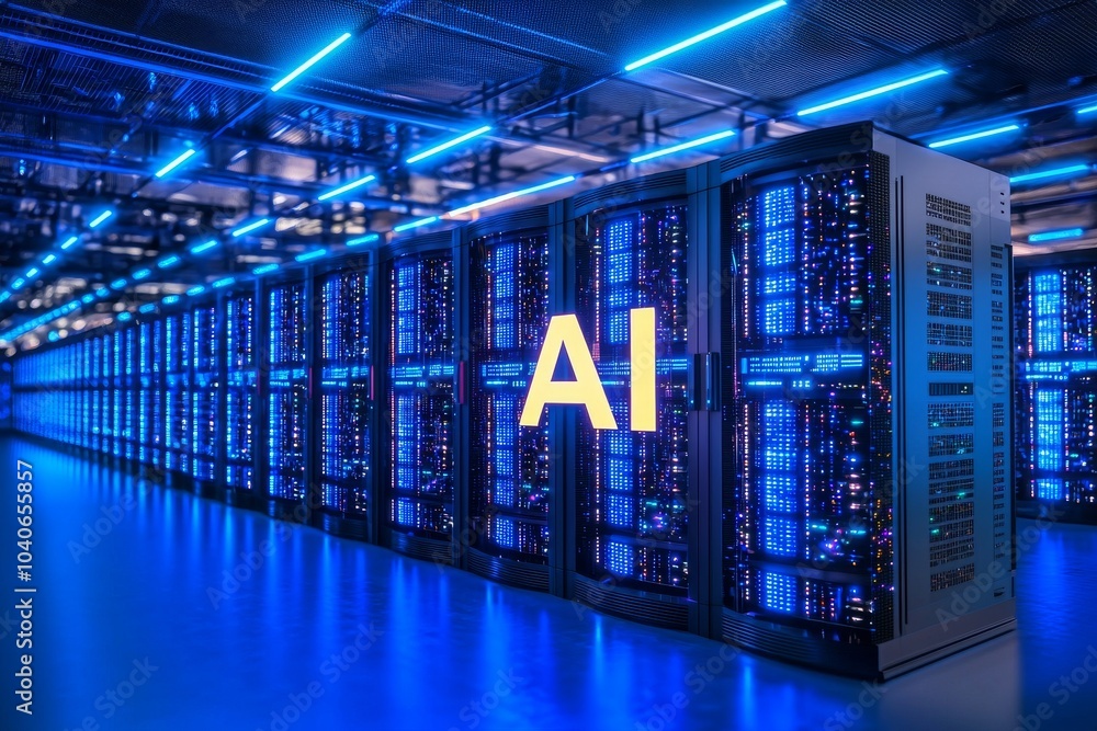 Poster this image shows a dynamic data center with a central ai sign that shows how stock enhances data pro