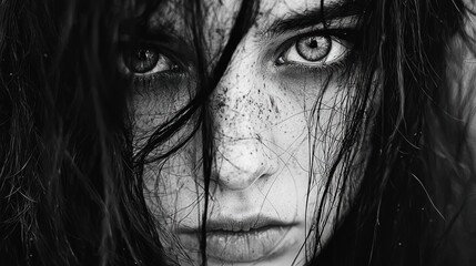 Fototapeta premium Intense gaze of a young woman with freckles and tousled hair in black and white, AI