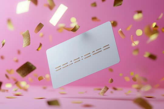 The finance celebration concept features a celebratory credit card with confetti on a pink background
