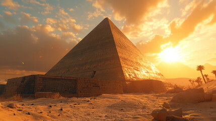 majestic exterior of Tutankhamuns pyramid stands tall against stunning sunset, showcasing ancient Egyptian architecture and surrounding desert landscape