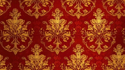 Fototapeta premium Antique golden wallpaper with a repeatable damask pattern Seamless design featuring a golden element on a red background showcasing a floral ornament in baroque style