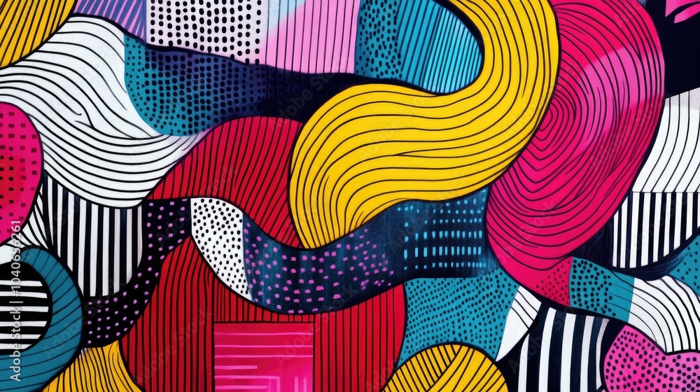 Poster geometric line art features colorful blocks creating optical illusions with endless knots arcs waves