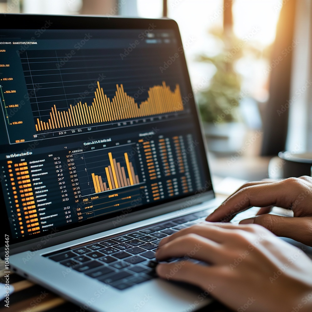 Aufkleber hands typing on laptop with financial charts and graphs displayed on the screen.
