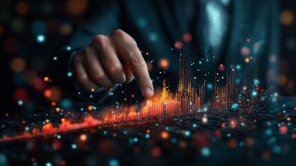 Businessman touching an upward arrow on a graph, representing digital growth and business success concept, against a dark background