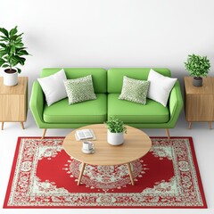 Bringing a traditional living room to life with a three-piece sofa set, coffee table, large area rug, and a floor plan on an isolated background