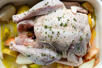 Raw turkey prepared in a roasting pan before going into oven for Thanksgiving or Christmas