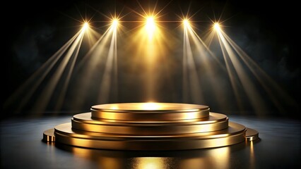 bright-lit golden display platform for perfumes against a rich black background