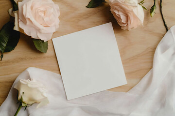 White sheet mockup on wooden table with pink roses and white fabric. Banner flat lay romantic template for wedding invitations, declarations of love, greeting cards for mothers and wives with space 