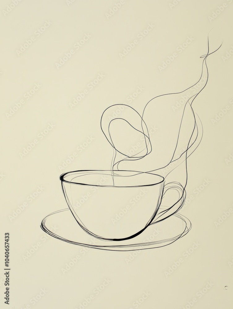 Poster a delicate line art of a tea cup shows gentle steam curling upwards, creating a tranquil and cozy vi