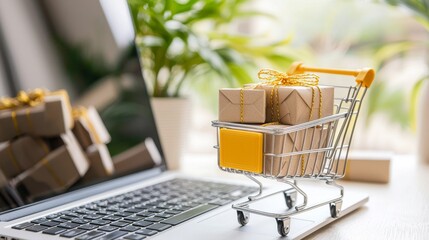A mini shopping cart with a wrapped gift box on a laptop keyboard represents online shopping and e-commerce.