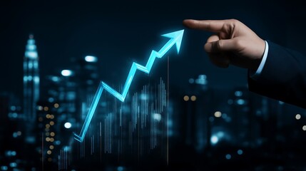 Businessman touching an upward arrow on a graph, representing digital growth and business success concept, against a dark background