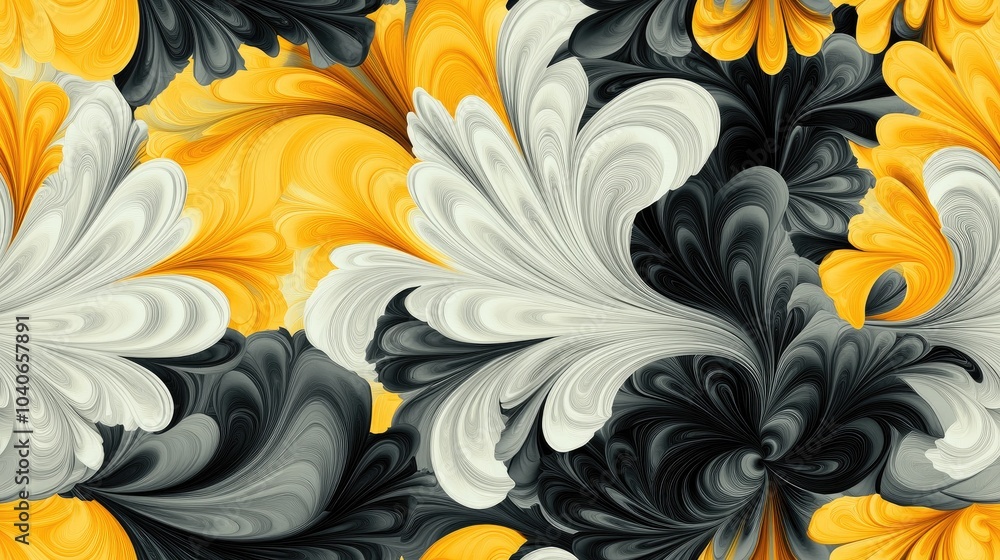 Poster seamless abstract black and yellow fractal texture on a white background featuring two large floral 