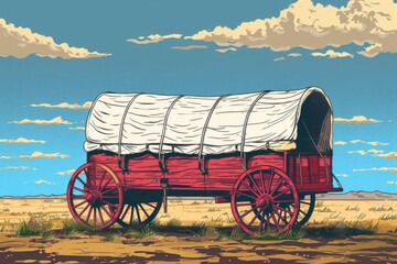 American Pioneers Wagon with Tent, Old Wooden Emigrant Carriage, Wild West Cart Flat