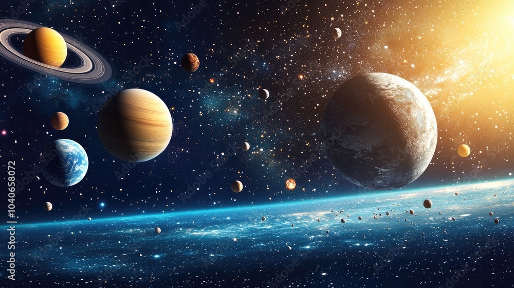 Poster 3d cartoon rendering depicting a panoramic view of planets in a distant solar system in space
