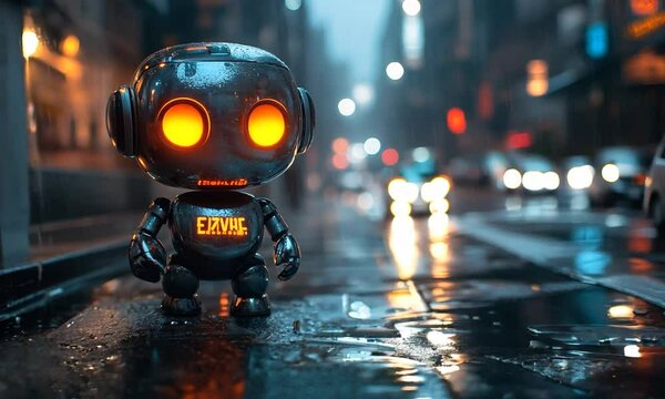 A futuristic robot stands on a rainy street with glowing eyes.