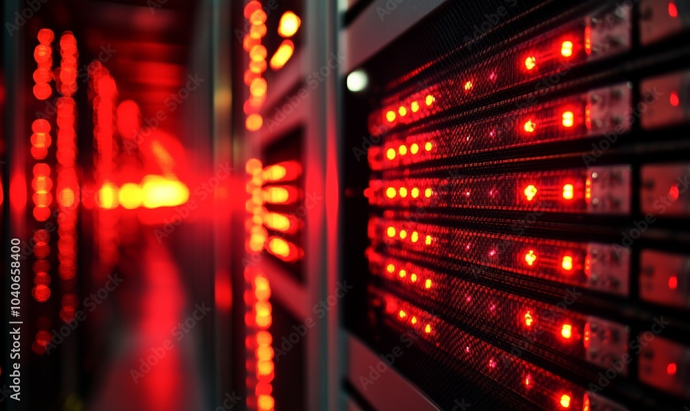 Poster server racks illuminated with red lights in a data technology center during operation at nighttime