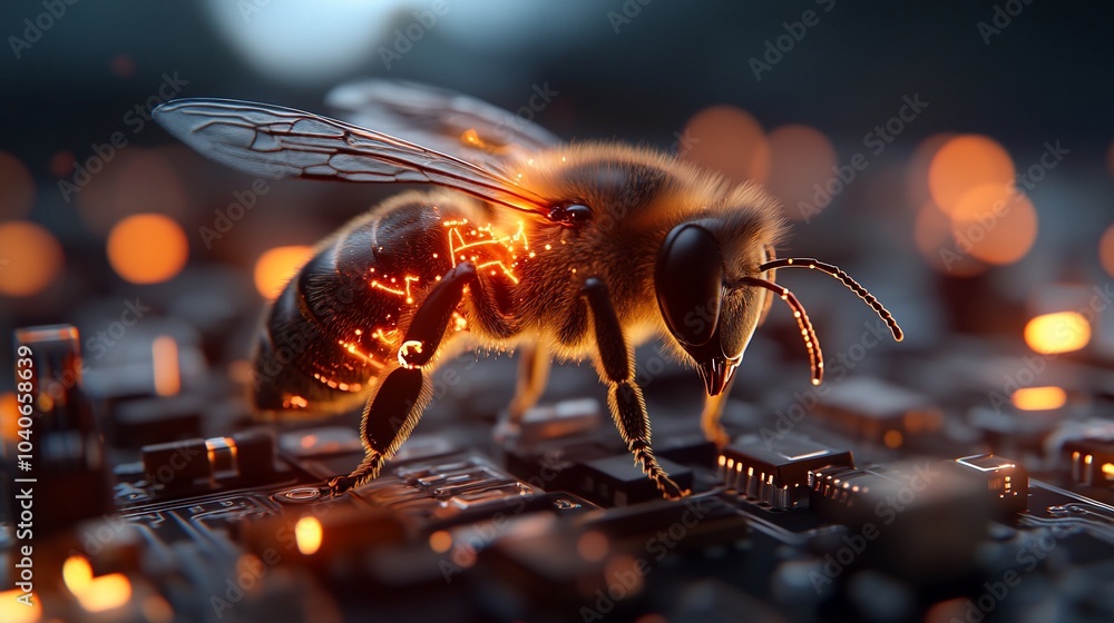 Poster a robotic bee with glowing circuitry stands on a circuit board.