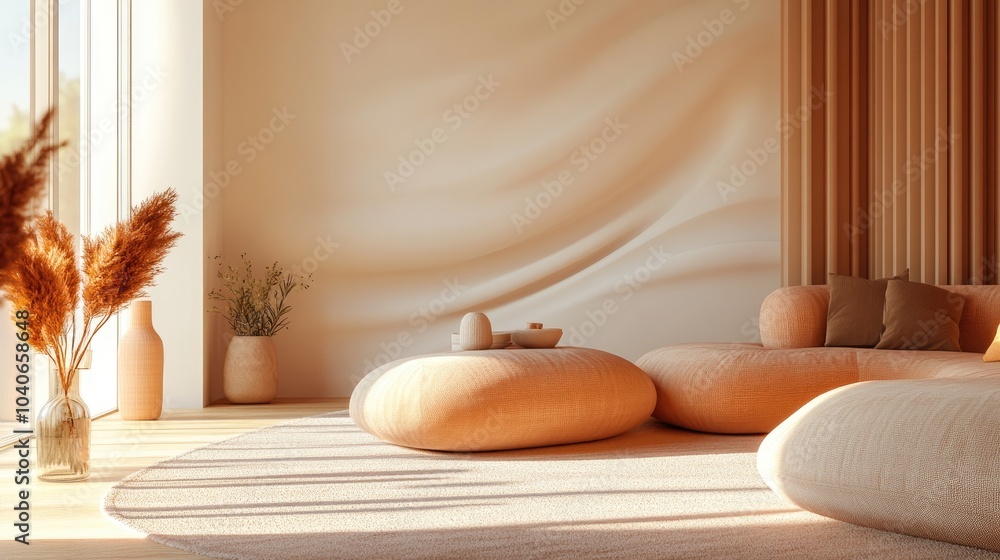 Poster dynamic interior featuring smooth brown objects in a 3d illustration and rendering
