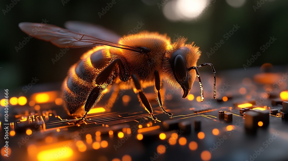 Poster a bee perched on a circuit board with glowing lights, symbolizing the connection between nature and 