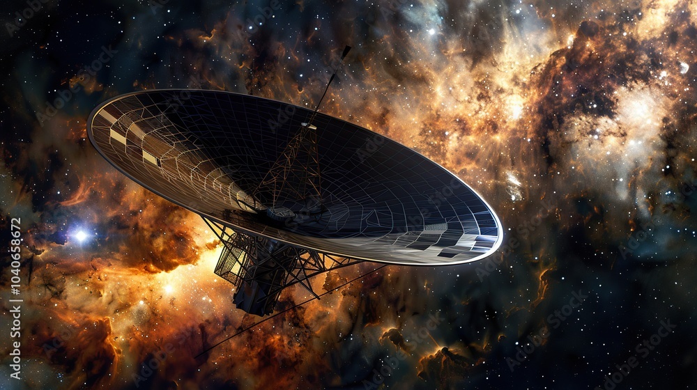 Poster a futuristic space telescope positioned at a lagrange point, with its large mirror array pointed tow