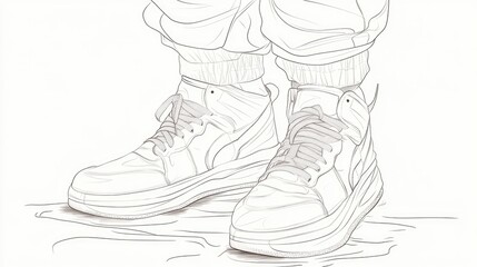 Obraz premium Continuous line art illustration of a leg with a sneaker and pants featuring footwear design Hand drawn contour on a plain background
