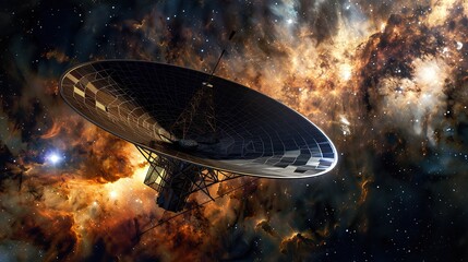 A futuristic space telescope positioned at a Lagrange point, with its large mirror array pointed towards deep space, capturing the wonders of the universe