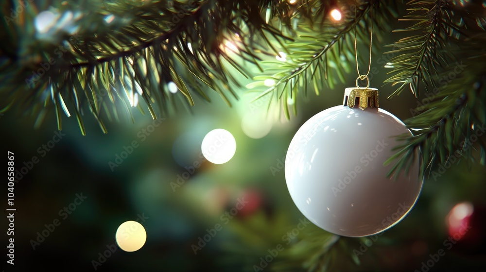 Poster close up of a white ornament hanging from a beautifully adorned christmas tree featuring bokeh effec