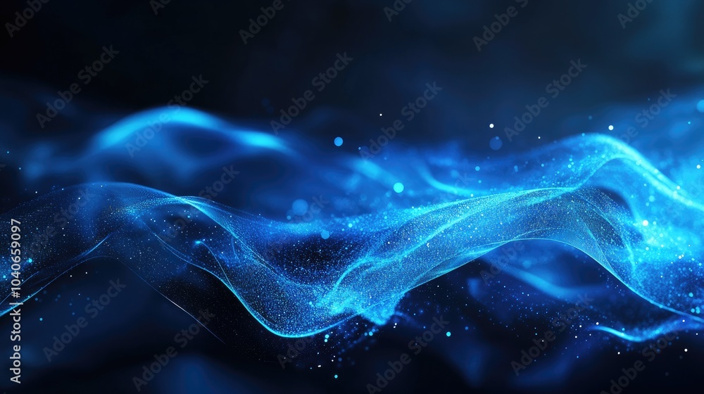 Poster glowing blue energy waves with a magical high tech digital effect featuring iridescent light rays an