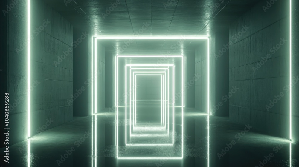 Poster futuristic neon glowing lines illuminate a dark tunnel with reflections on the floor and ceiling an 