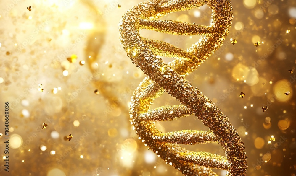 Poster golden dna helix rotating on a sparkling background