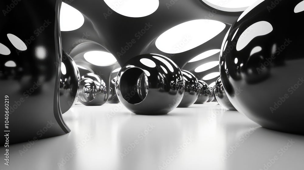 Poster abstract black and white gradient interior of a multilevel public space featuring an array of sphere