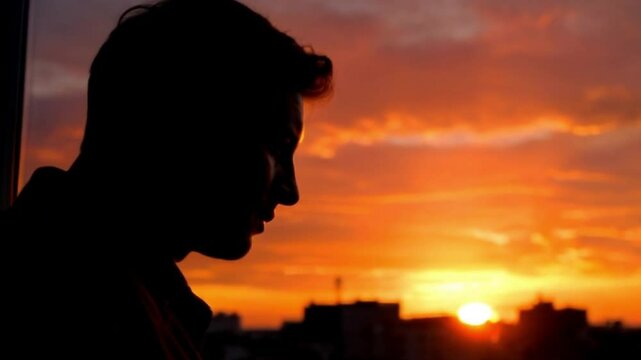 Start with a close-up shot of a silhouetted figure framed by a window, gazing out at the vibrant sunset sky. The camera focuses on the outline of the person, contrasting against the warm, glowing colo