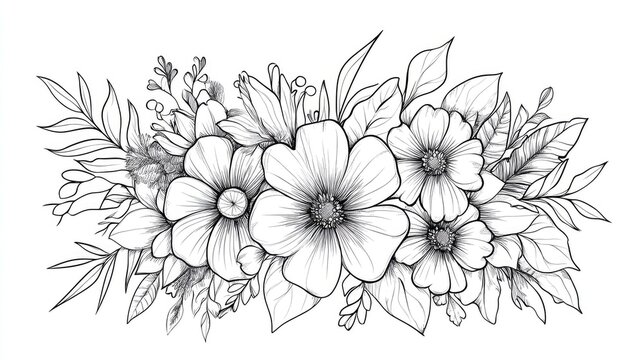 recommend clip art: Black and white adult coloring page featuring a floral pattern Doodle wreath and mandala design with bouquet line art illustration on a plain background Circular decorative element