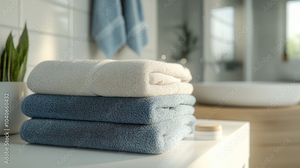 Poster 3d rendering of a stack of spa towels on a white table in a bathroom setting