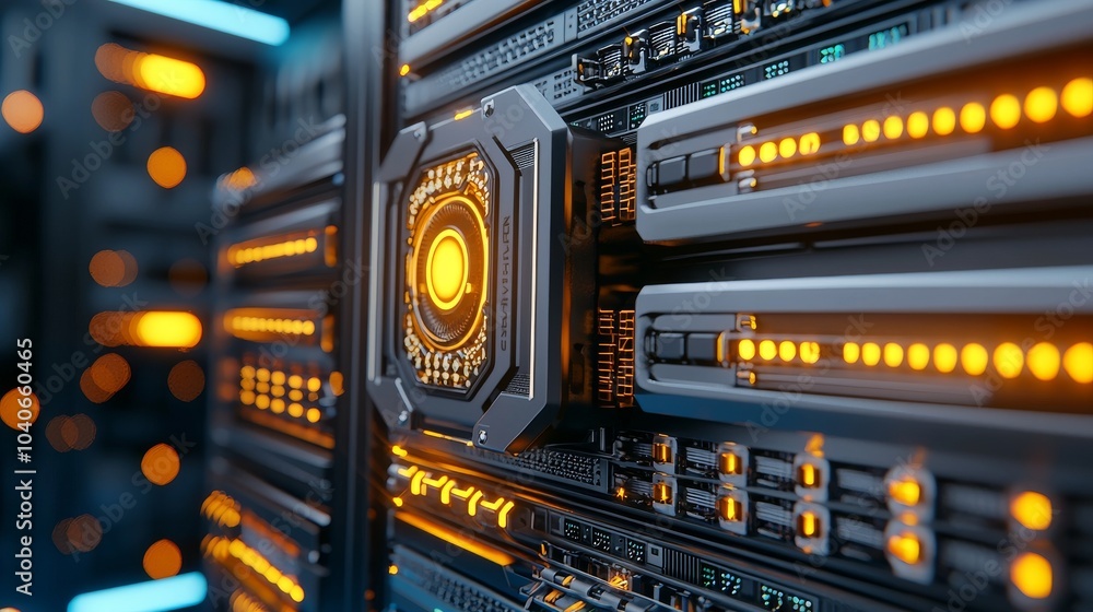 Poster solid-state drives and efficient cooling systems are shown in this close-up of data storage servers 