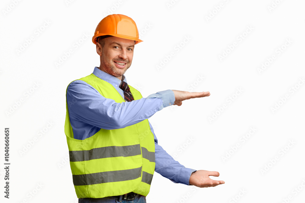 Poster cheerful construction worker holding invisible building gesturing with hands posing on white studio 