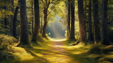 Obraz premium Sunbeams illuminate a path through a lush forest.