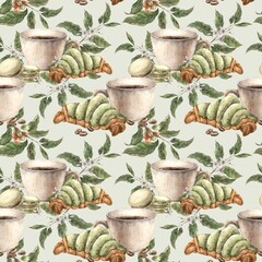 Roasted coffee beans, ceramic mug, pistachio macaroons and croissant, branches with berries and flowers. Watercolor seamless pattern on a green background, for branding of shops, cafes, packaging.